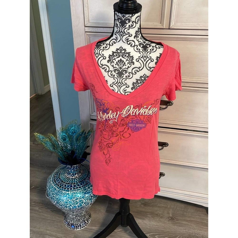 Ladies Harley Davidson, V-neck plunge, sexy, hot pink graphic tee, medium